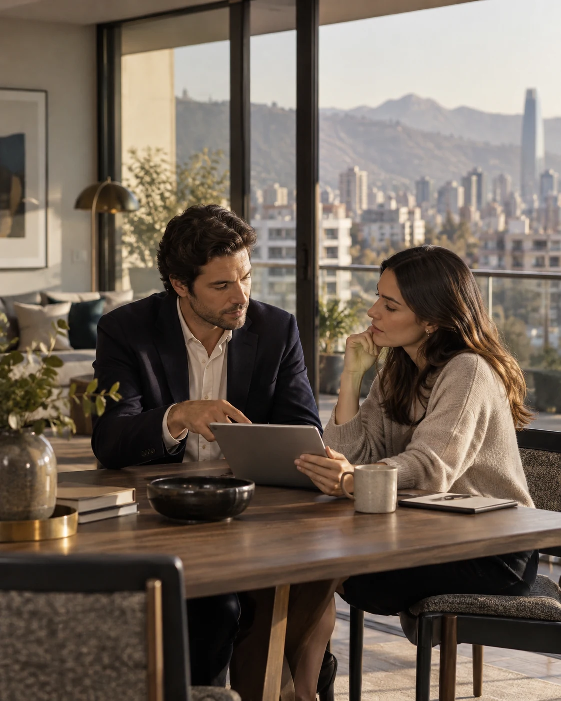 Dos personas revisan una tableta en una mesa junto a un ventanal, con la ciudad y los cerros al fondo.